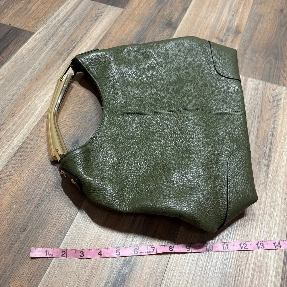 Vera Pelle Gold Top Handle Hobo Bag Army Green Genuine Leather Zip Pocket Italy